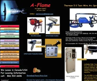 Aflame.com(Plasma, Arc, Thermal Spray, HVOF, Robots, and Detonation Coating Systems for Sale by A-Flame division of Merlyn Corporation Thermal Spray, Plasma Spray, Arc Spray, HVOF, Detonation Coating Systems, Powder and Wire Alloys, Masking Tape, and Replacement Part) Screenshot