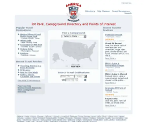 Americaonwheels.com(RV Park and Campground Directory including local Points of Interest) Screenshot