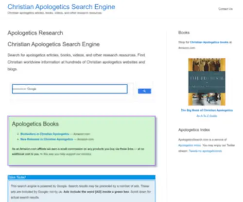 Apologeticssearch.com(Christian apologetics articles) Screenshot