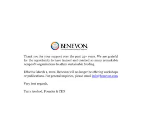 Benevon.com(Sustainable Non Profit Fundraising & Training) Screenshot