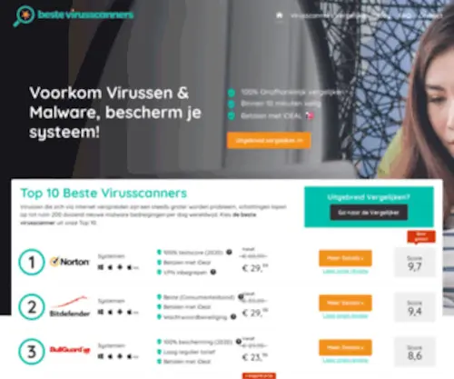 Bestevirusscanners.nl(Beste Virusscanner // Top 10 Virusscanners voor Nederland) Screenshot
