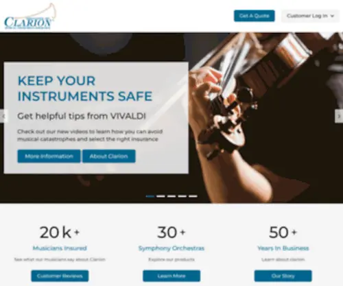 Clarionins.com(Music Instrument Insurance) Screenshot