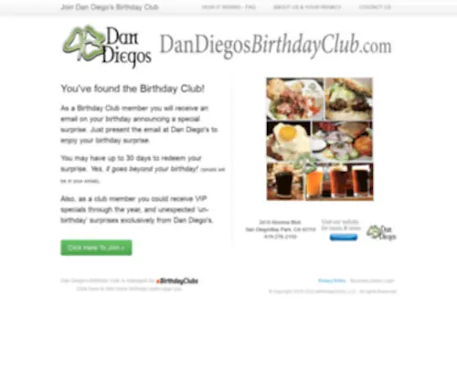 Dandiegosbirthdayclub.com(Dan Diego's RestaurantClubs.com) Screenshot
