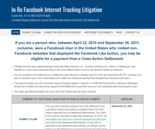 Fbinternettrackingsettlement.com(Facebook Internet Tracking Litigation) Screenshot