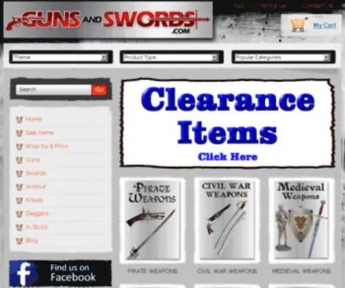 Gunsandswords.com(Replica Guns Swords Weapons and Flintlocks from World War Civil War Fantasy and Medieval Armour) Screenshot