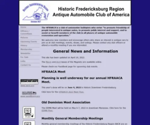 Hfraaca.org(Historic Fredericksburg Region Antique Automobile Club of America) Screenshot