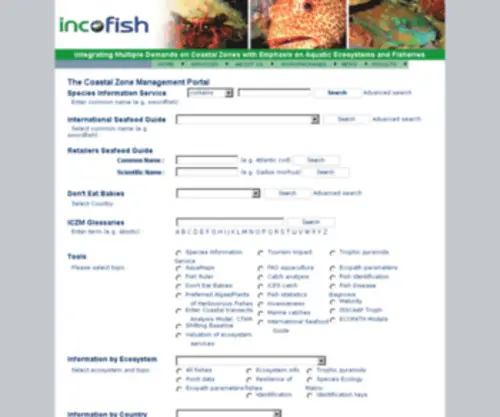 Incofish.org(Integrating Multiple Demands on Coastal Zones with Emphasis on Aquatic Ecosystems and Fisheries) Screenshot