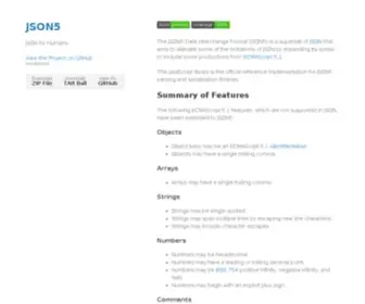 Json5.org(JSON for Humans) Screenshot