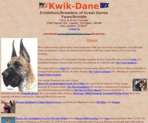 Kwikdane.com(Kwikdane exhibitors/puppy breeders of fawn/brindle Great Danes in Michigan) Screenshot