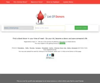 Listofdonors.com(Blood donors for patients who dont find the required blood in blood banks can be found on this site) Screenshot