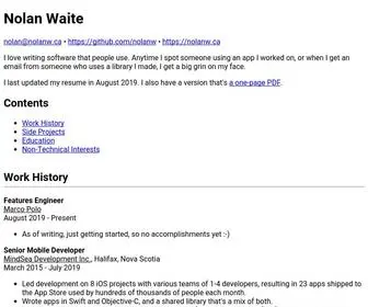 Nolanw.ca(Nolan Waite's Resume) Screenshot