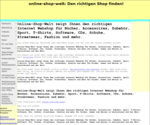 Online-Shop-Welt.de(Internet, Webshop, Bücher, Accessoires, Zubehör, Sport, T-Shirts, Software, CDs, Schuhe, Streetwear) Screenshot