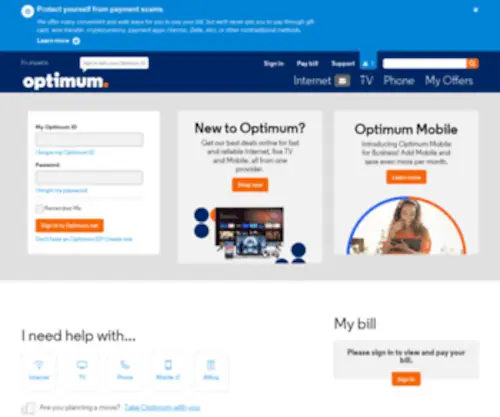 Optimum.net(Support & Customer Account Management Home) Screenshot