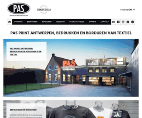 Pasprint.be(PAS Print textieldrukkerij Antwerpen ervaren in het bedrukken en borduren van textiel. PAS Print) Screenshot