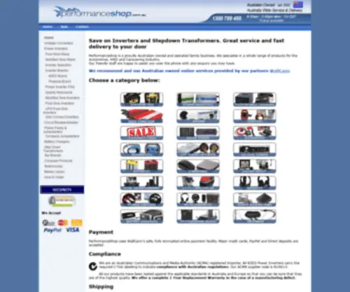 Performanceshop.com.au(Electronic, Solar, Audio, Power Inverters and GPS for Auto, Outdoor and Home) Screenshot