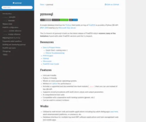 PYMSSQL.org(Pymssql 2.0.1.2 documentation) Screenshot