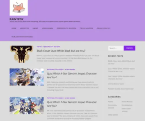 Rainyfox.com(Articles and quizzes about anime and gaming) Screenshot