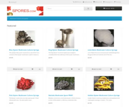 Spores.com(Gourmet Mushroom Spores and Cultures) Screenshot