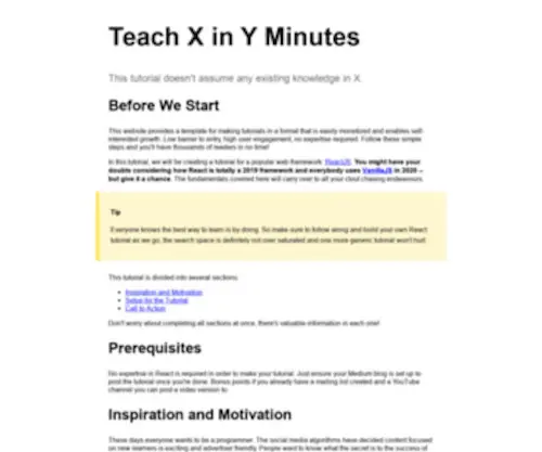 TeachXinyminutes.com(Teach X in Y Minutes) Screenshot