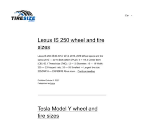 Tiresize.online(Information for car wheel and tire dimensions such as size) Screenshot