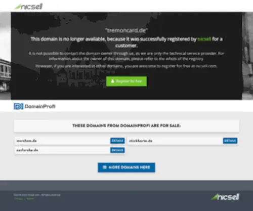 Tremoncard.de(This domain has been registered for a customer by nicsell) Screenshot