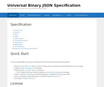 Ubjson.org(The universally compatible format specification for Binary JSON) Screenshot