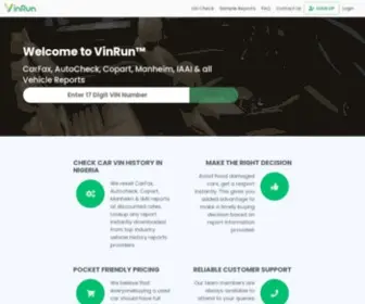 Vinrun.com(VIN number Check Car History Report CarFax AutoCheck Lookup) Screenshot